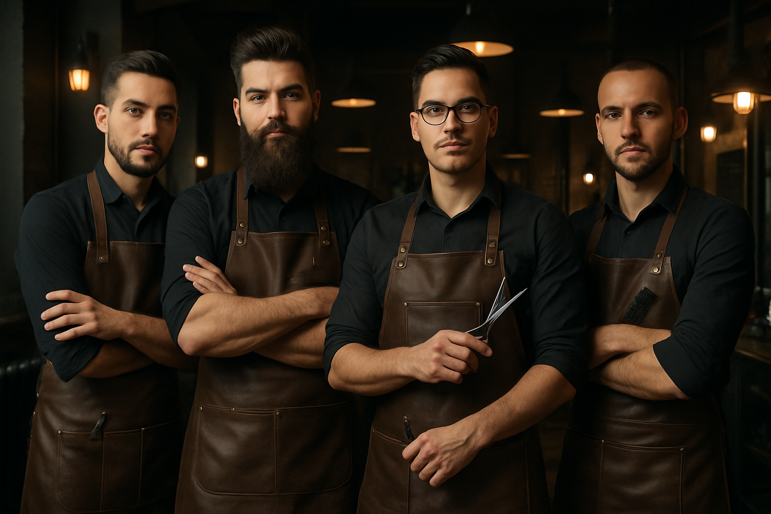 Equipe da barbearia premium em ambiente sofisticado